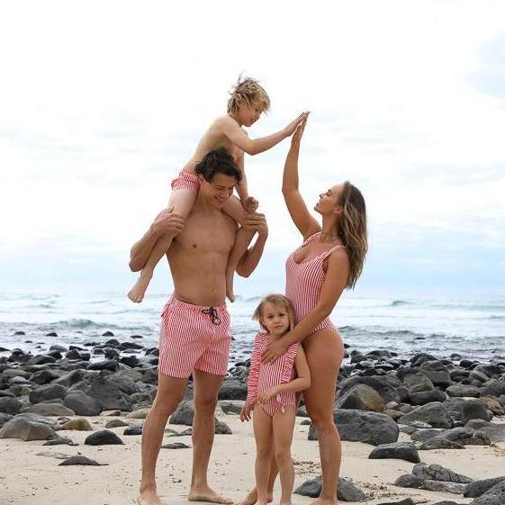 family matching swimwear red stripe