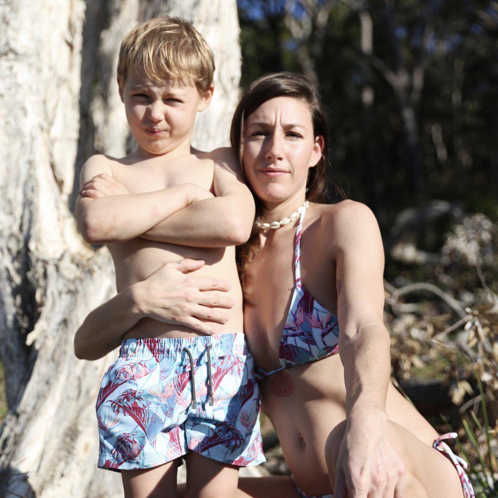 boys board shorts matching with mums bikini floral