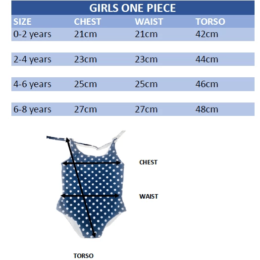 girls one piece swim wear sizing chart