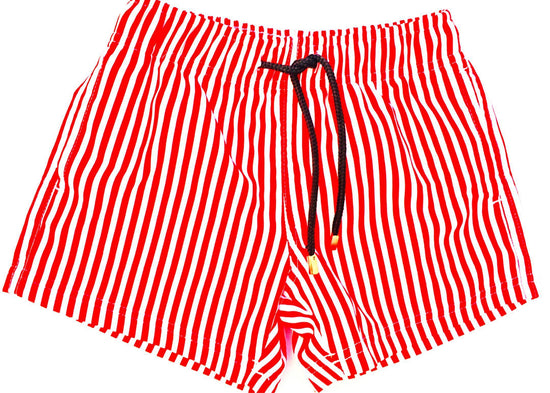 Matching Swimwear, Men's Board Shorts, Red and White Classic Stripe - Upper Notch Club