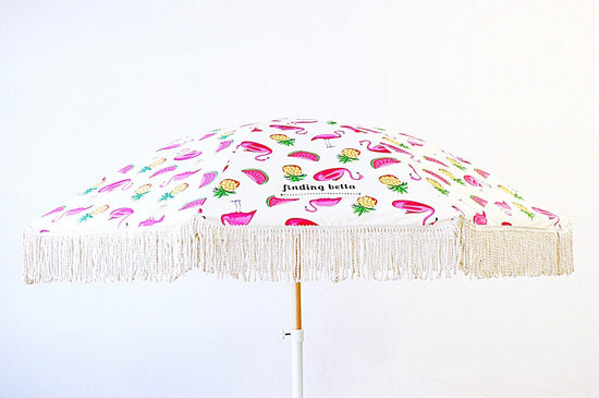 durable beach umbrella with fringe pink flamingo outdoor umbrella