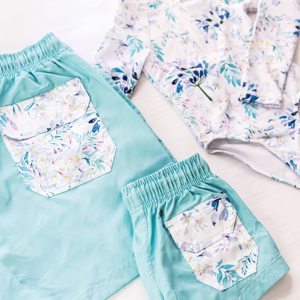 family matching swimwear floral pocket blue