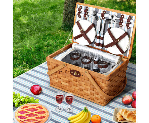 Alfresco 4 Person Picnic Basket Set Wooden Blanket Bag Insulated