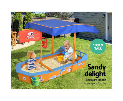 Keezi Kids Sandpit Wooden Boat Sand Pit with Canopy Bench Seat Beach Toys 150cm