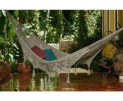 Outdoor undercover cotton Mayan Legacy hammock with hand crocheted tassels Queen Size Dream Sands