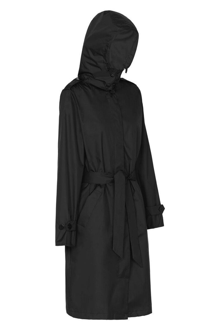 Women’s Packable Hooded Trench Rain Coat, Black, PAQME