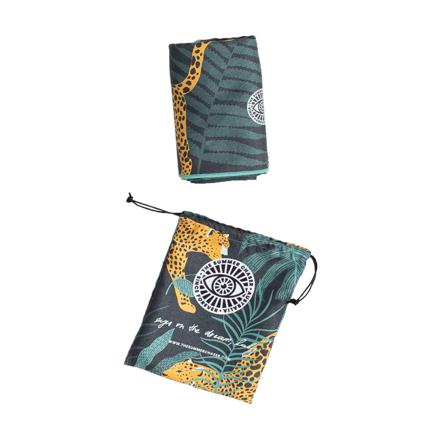 Load image into Gallery viewer, The Summer Chaser travel towel comes with a matching drawstring bag.
