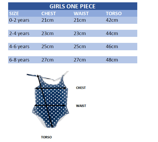 girls one piece swimwear size guide