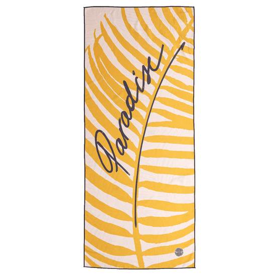 Load image into Gallery viewer, The Summer Chaser sustainable travel towel for beach, pool and yoga. Flat top view of Paradise print featuring large yellow palm leaf and hand script..
