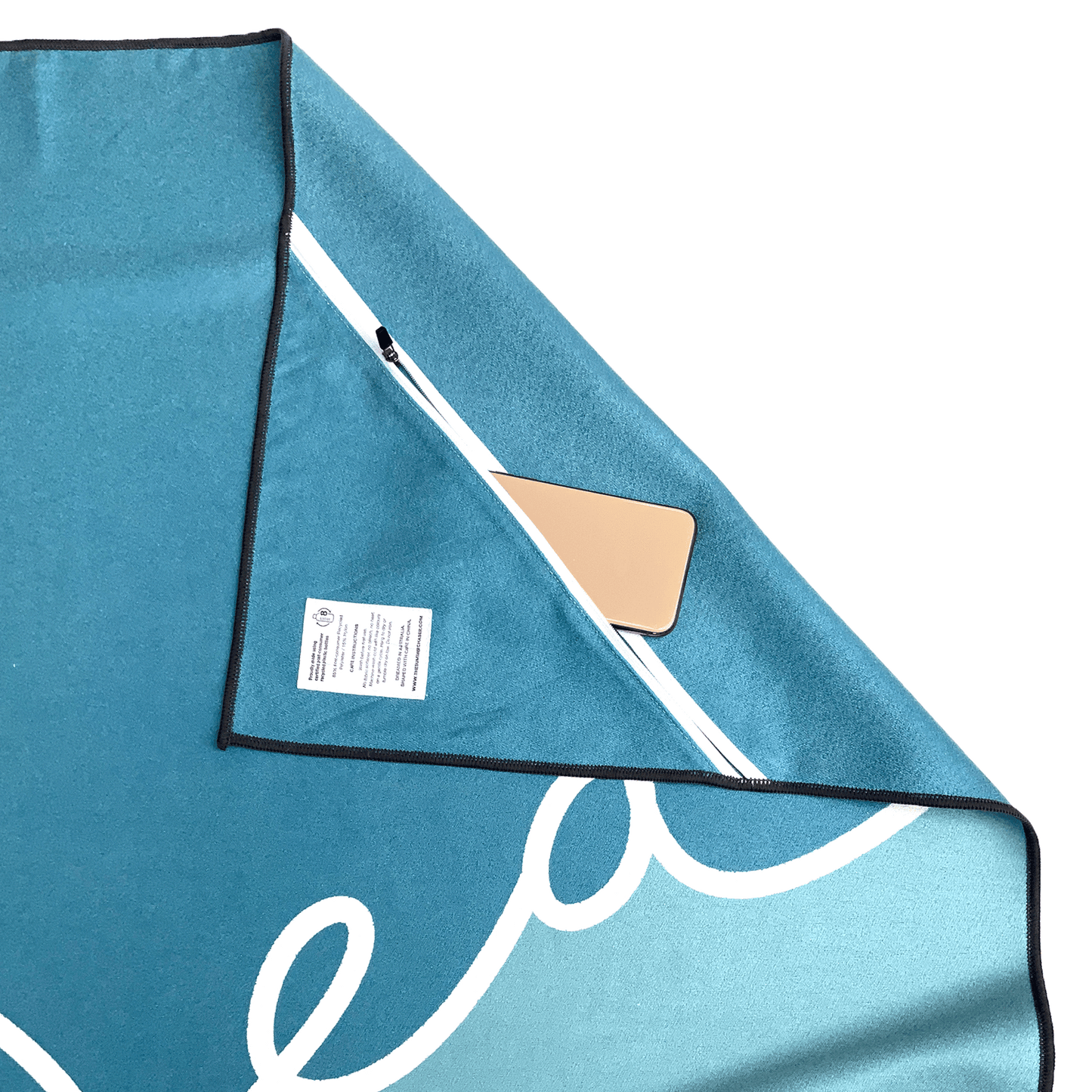Practical zip corner pocket on The Summer Chaser beach towels to stash valuables. Sea Lover design in blue colour by The Summer Chaser