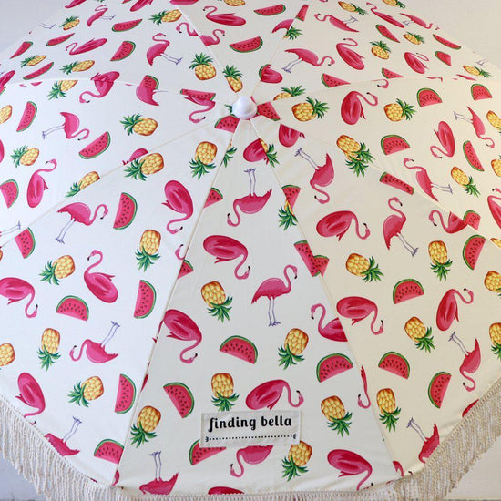 durable beach umbrella with fringe pink flamingo