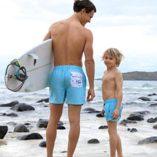 daddy and kids matching board shorts blue