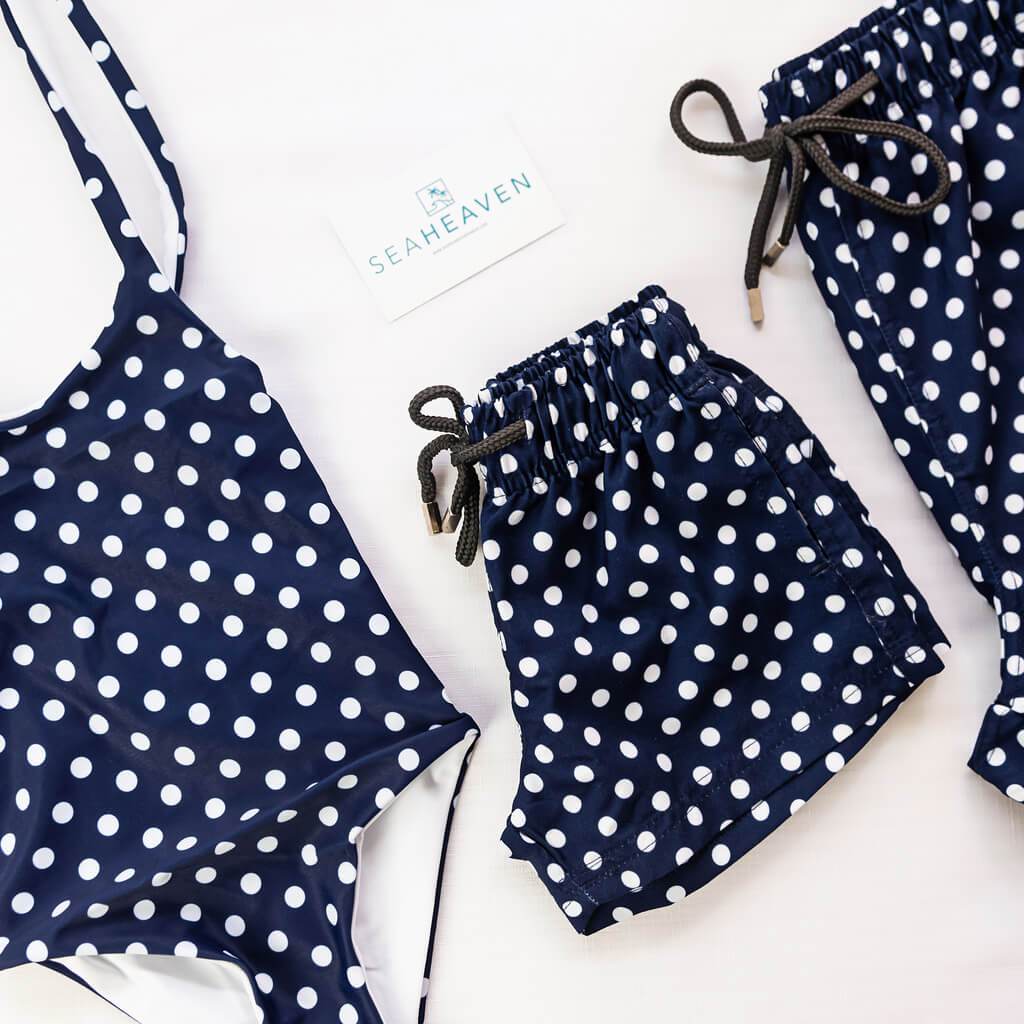 family matching swimwear navy polka dots