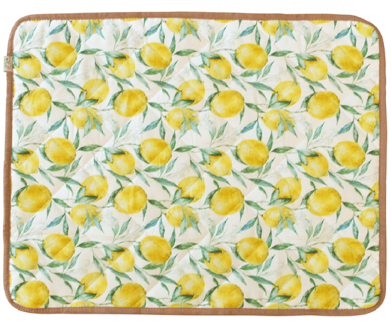 Load image into Gallery viewer, waterproof activity mat outdoor play mat yellow lemons blush and blocks medium size
