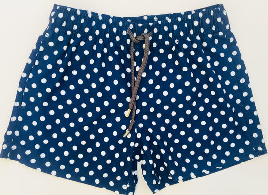 Matching Swimwear, Men's Board Shorts, White on Navy Polka Dots - Upper Notch Club
